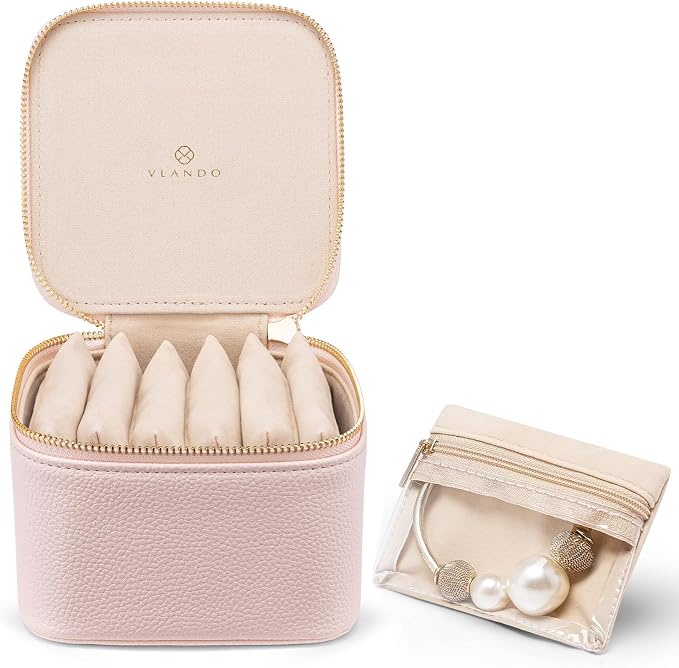 VLANDO Travel Jewelry Organizer Case with 6 Clear Velvet Zipper Pouches, Faux Leather Jewelry Storage Box for Rings, Earrings, Necklaces and Bracelets, Gift for Women Girls by VLANDO