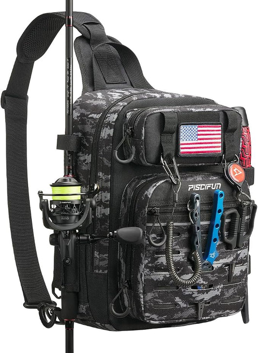 Piscifun Fishing Backpack Tackle Bag with 2 Rod Holders, Multi-Compartment Storage, MOLLE System, Water-Resistant Lightweight Outdoor Pack by Piscifun