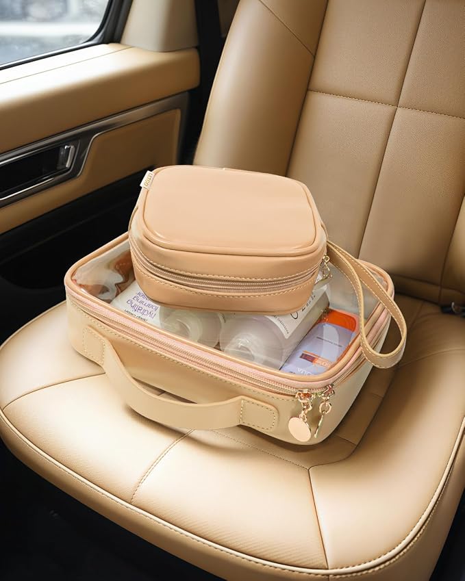 LETGO Travel Toiletry Bag for Women with Small Make Up Bag for Purse,Large Clear Toiletry Bag Lightweight Wide-open Travel Bag for Women, Cosmetic Makeup Bag Organizer(Handle-Sand, Large+Mini) - Image 5