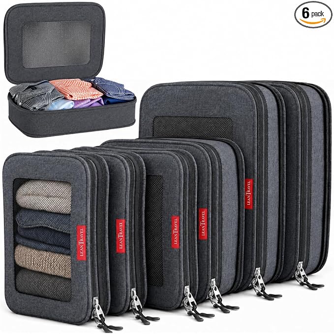 LeanTravel Premium Compression Packing Cubes for Travel - Suitcase Organizer Bags with Double Zipper & Breathable Mesh Panel - Space Saving Carry On Luggage Essentials (6-Pack Black) by LeanTravel