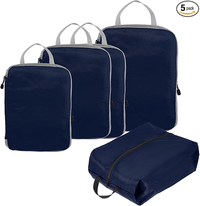 PATIKIL Compression Packing Cube for Travel, 5 Set Waterproof Travel Packing Cube Compression Nylon Luggage Organizer Bags Shoe Bag for Suitcases Backpack, Navy Blue by PATIKIL