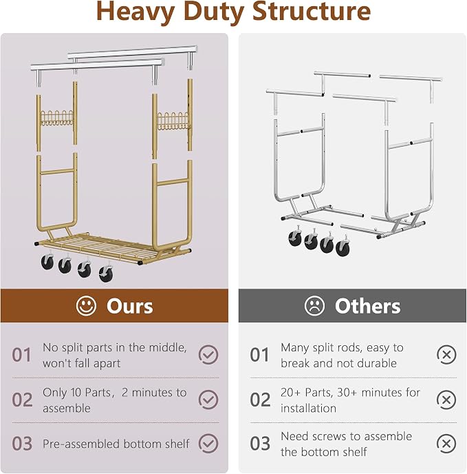 Hoctieon 2-Minute Assembly Double Rod Clothes Rack, Heavy Duty Rolling Clothing Racks with Wheels, Foldable Commercial Garment Rack, Extendable Hanging Bar, Adjustable Metal Pole with Hooks, Gold - Image 5