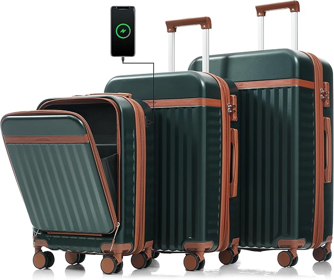 Hardshell Luggage, Lightweight Suitcase with Spinner Wheels, DARK GREEN+USB by Merax