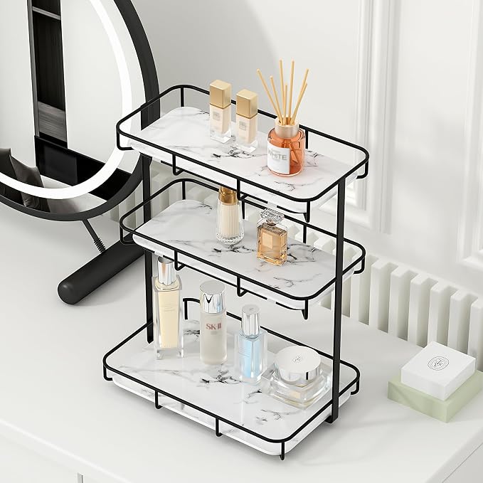 Bathroom Organizer Countertop Perfume Organizer Makeup Organizer Cosmetics Storage Display Rack Vanity Tray Dresser Stainless Steel Gold Shelf White Marble Ceramic Tray by Dobbyby