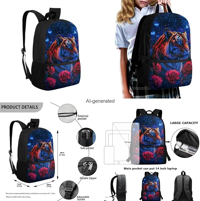 Aesthetic Tiger Backpack for Kids Girls Backpack with Lunch Box Water Bottle Carrier with Strap and Big Pencil Case 4PCS Set 17" Large Bookbag with Front Pocket Sturdy Elementary School Bag - Image 3