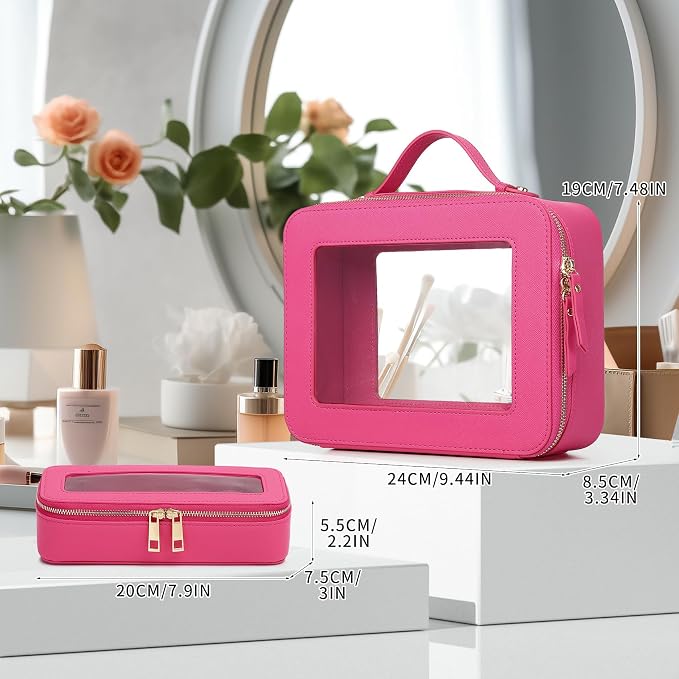 Pinkmik Clear Makeup Bag with Brush Bag 2pcs Waterproof Travel Case for Cosmetics and Toiletries Women's Cosmetic Organizer with Zipper (X/Fuxia, L+SLIM) - Image 2