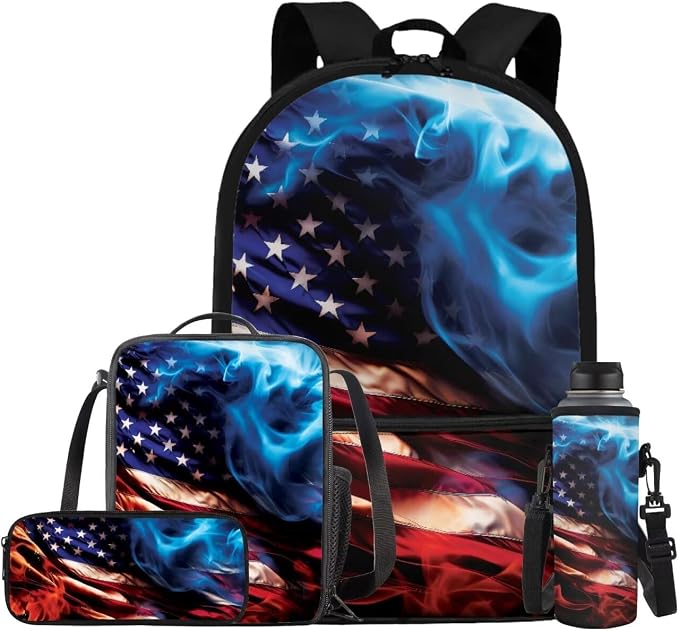 American Flag Backpack for Boys Kids Backpack with Lunch Box Water Bottle Carrier and Soft Pencil Case 4PCS Set Bookbag with Front Pocket for School Teens 17 inch School Bag with Side Pocket by ELEDIZI