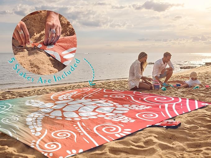 WEKAPO Beach Blanket Waterproof Sandproof Oversized Extra Large Sand Free Beach Mat with Stakes, Storage Bag - Essentials for Outdoor Beach, Picnic (Sea Turtle, 8 X 7 FT (1~4 Person)) - Image 6