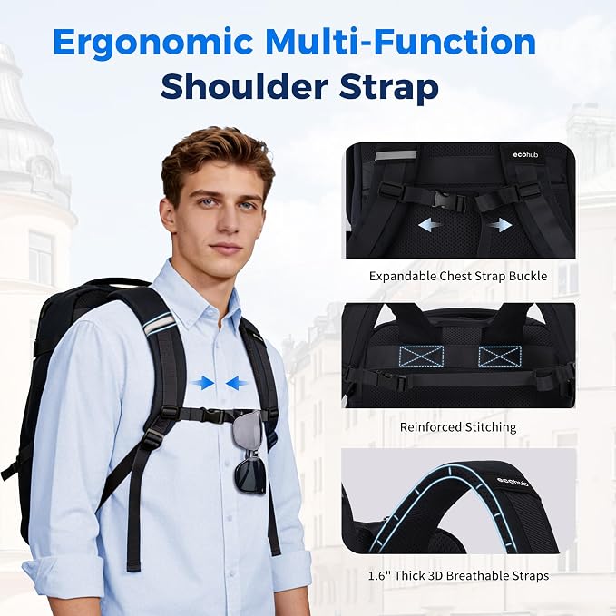 ECOHUB 19" Travel Backpack for Men Women 30L Large Carry-On Backpack with 17.3 In Laptop Compartment,Black - Image 5