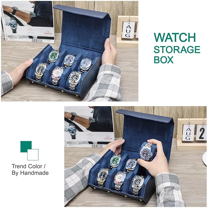 Hiram Genuine Leather Hexagon Watch Roll Travel Case, Leather 6-Watches Roll Case with Removable Pillow Cushion for Treasured Watches and Bracelets-Blue - Image 6