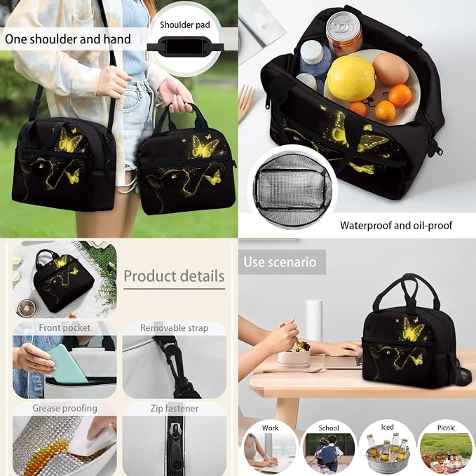 Black Cat Yellow Bling Butterfly Student Backpack Set 4 In 1 School Bag Laptop Backpacks Lunch Bag Pencil Holder Pouch Bag Daypack for Preschool Kindergarten Elementary Middle School - Image 6