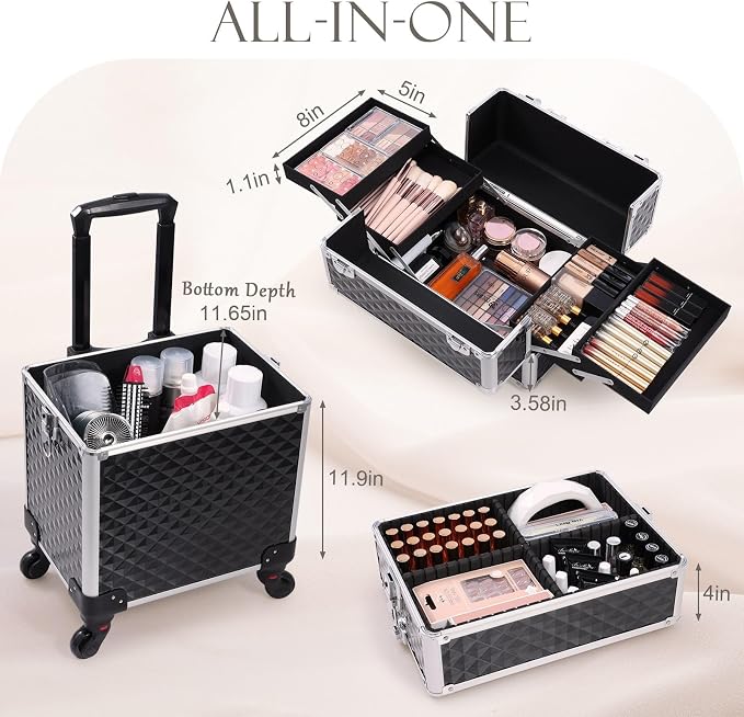 3 in 1 Professional Rolling Makeup Train Case Aluminum Trolley Case with 360° Rotation Wheels for Makuep Artist Cosmetic Suitcase Organizer with Lock and Key Diamond Pattern - Black - Image 2