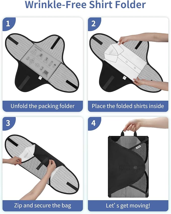 WANDF 7 Set Compression Packing Cubes for Travel, Shirt Folder for Wrinkle-Free, Suitcase Organizer Bags Set for Carry-On Checked Luggage Duffle Bag Women Men(Black) - Image 2