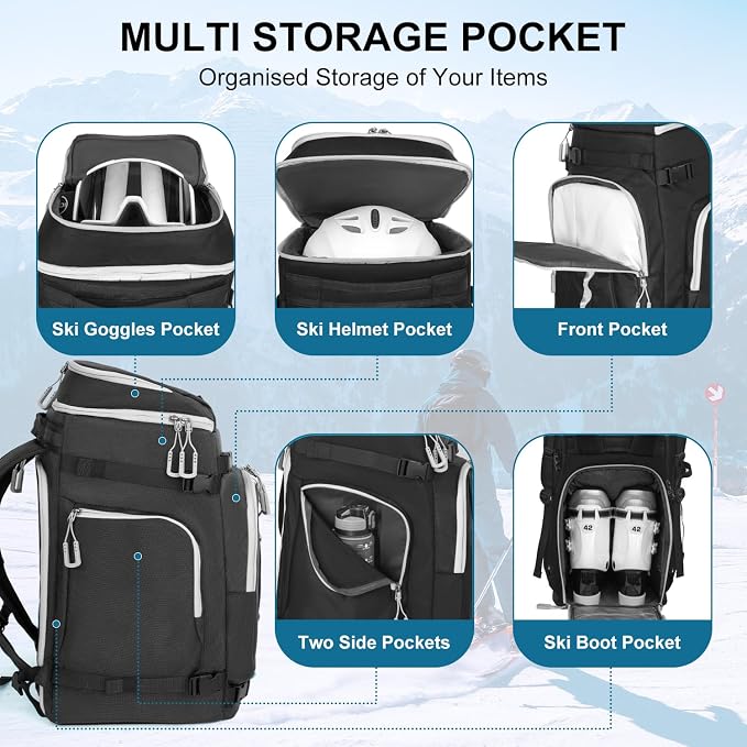 Ski Boot Bag, 65L Waterproof Ski Bag & Snowboard Boot Bag, Travel Backpack for Skis Snowboard Helmet Goggles & Accessories - Image 3