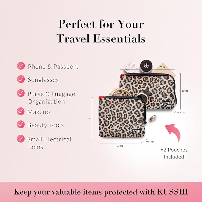 KUSSHI 2pc Neoprene Pouch Set - Passport Holder and Travel Zipper Makeup Pouch for Purse - Small Purse Pouch for Organization, Electronics, Glasses & Valuables (Leopard) - Image 5