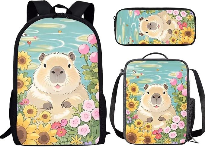 Forchrinse Capybara School Backpack for Girls 8-12 12-14 Primary School Girls Bookbag with Lunchbox Pencil Case 3 In 1 Elementary Students Schoolbags Back Pack Purse Travel Daypack Satchel by Forchrinse