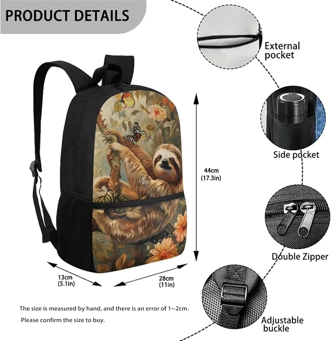 Sloth Retro Flower Butterfly Print Schoolbag Set 17 Inch Backpack with Zippered Pockets Travel Laptop Computer Bag Lunch Bag Pencil Case Lightweight Rucksack Daypack for Outdoor - Image 2