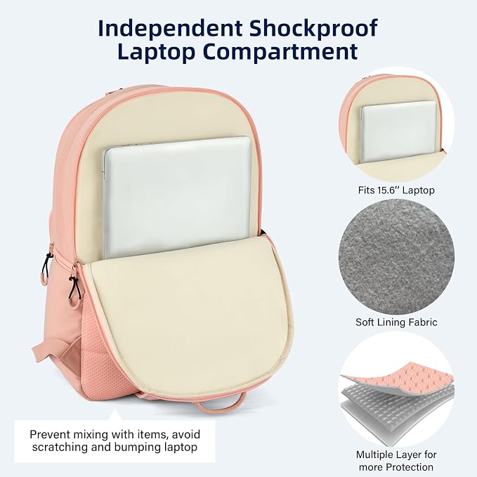 HanTrip Carry On Travel Backpack For Women, 18 Inch Water Resistant Large Backpack Lightweight Bookbag For Men, 8x14x18 Personal Item Bag Casual Daypack Backpacks For Work Office Commuter (Pink) - Image 4