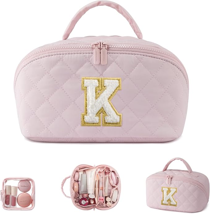 LOVEVOOK Travel Makeup Bag for Women, 2Pcs Puffer Waterproof Cosmetic Organizer, Large Capacity Pouch Open Flat Small Toiletry Bag with Brush Compartment & Handle (Pink-k, Medium) by LOVEVOOK