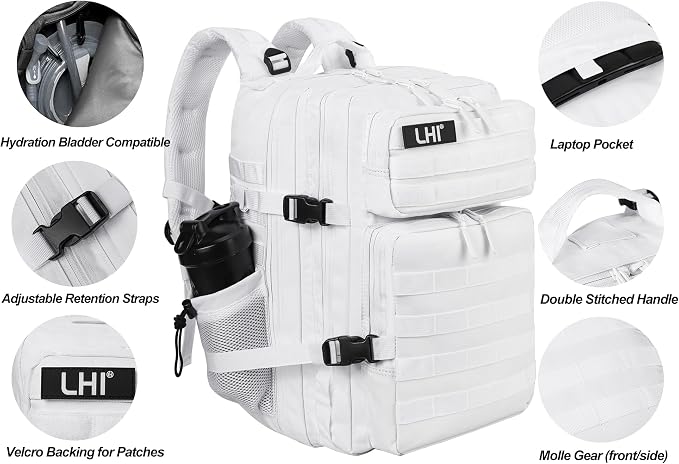 LHI Military Tactical Backpack for Men and Women 45L Army 3 Days Assault Pack Bag Large Rucksack with Molle System - White - Image 5