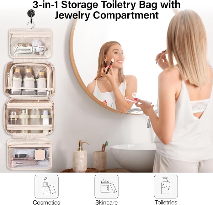 Hanke Hanging Travel Toiletry Bag with Jewelry Organizer, Apricot | Large Capacity, Holds Full-Size Bottles, Water & Stain Resistant, 360° Swivel Hook, Trolley Sleeve, Women's Makeup Organizer - Image 9