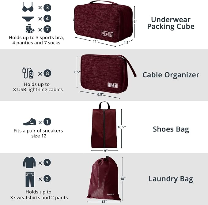 NICOSHOW 7 Set Compression Packing Cubes for Travel - Compressible, Lightweight, and Space-Saving Packing Cubes, Travel Essentials for Women, Wine - Image 4