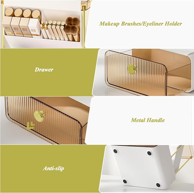 FOLLOWIN 3 Tiers Makeup Organizer with Drawer, Cosmetic Display with Lipsticks Brush Holder, Cosmetics and Beauty Supplies Organizers for Vanity, Dresser, Bathroom Desktop Countertop Organizer, Amber - Image 3