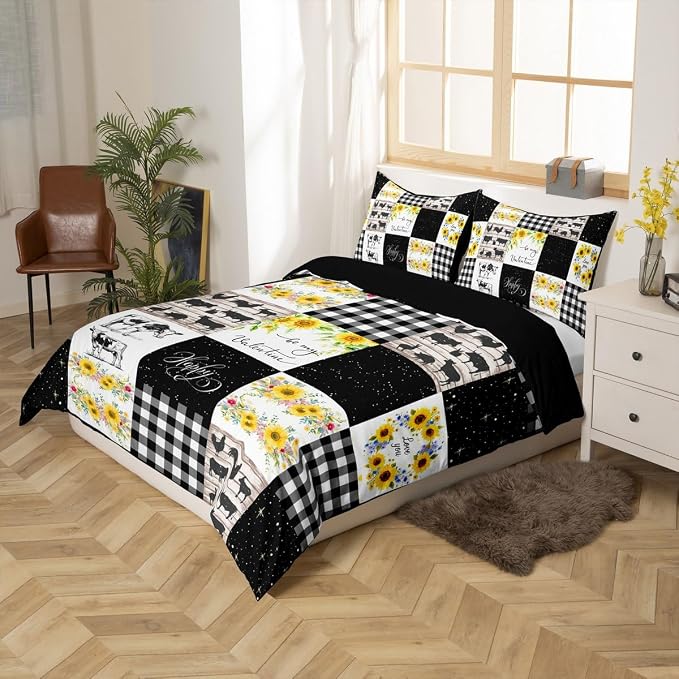 Erosebridal Cow Print Bedding Queen for, Farm Cow Duvet Cover Sunflower Decor Comforter Cover for Girls Women Boys, Grids Patchwork Pattern Bedding Wild Animal Starry Sky Bedspread - Image 2
