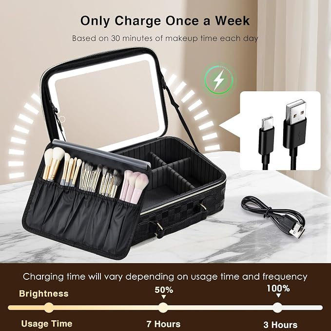 Faquenc Makeup Bag with LED Lighted Mirror 12.2 IN Travel Makeup Bag Adjustable Brightness in 3 Colors Cosmetic Organizer Artist Storage Bag with Dividers Brush Holder Bag Vanity Black Checkerboard - Image 9