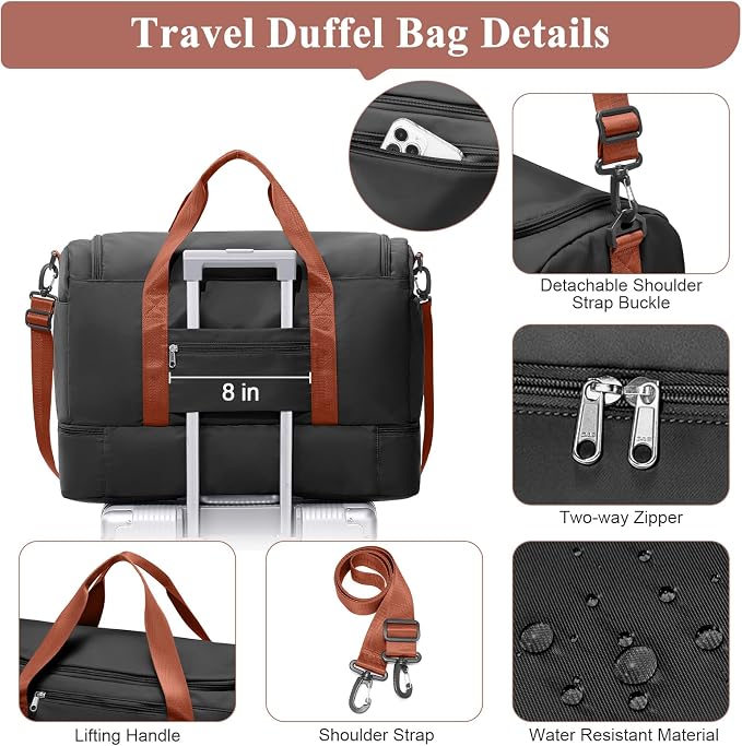 Travel Duffel Bag,Carry-On Overnight Weekender Bags with Shoes Compartment | Travel Bag with Wet Pocket & Luggage Sleeve, For Spirit Airlines 18x14x8 Personal Item Bag,Small,Black & Brown - Image 6