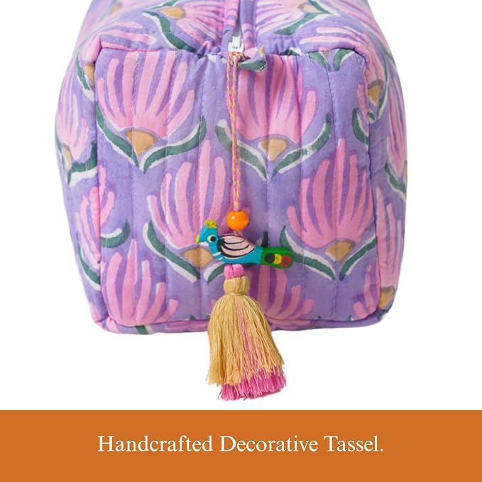Saffron Marigold Quilted Makeup Bag Set of 3, Hand Block Printed Cotton Cosmetic Bags for Women, Waterproof Lined Travel Toiletry Bag, Coquette Floral Aesthetic, Handmade Gift, Lilac Flame - Image 5