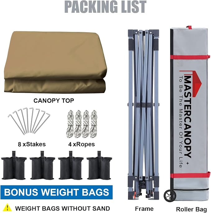 MASTERCANOPY 10x10 Pop Up Canopy Tent, 1 Person Setup Instant Shelter,Outdoor Portable Beach Canopy with Roller Bag, 4 Sandbags, 4 Ropes, 8 Stakes (10x10, Khakie) - Image 5