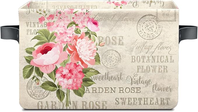 Vintage Rose Floral Baskets Storage Bins with Handles, Decorative Foldable Cloth Organizer Storage Boxes for Home Office 14 x 10 x 8 by Unknown