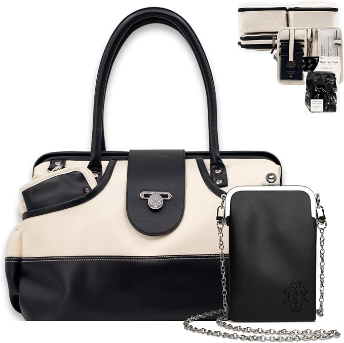 Borsali Weekender Bag for Women - Travel Carry On Duffel -Vegan Leather with Travel Wallet, Packing Cubes, Shoe Covers & Glasses Case (Cream/Black) by Borsali