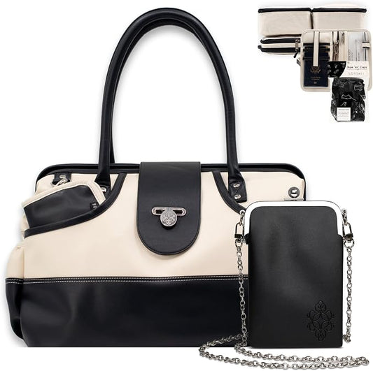 Borsali Weekender Bag for Women - Travel Carry On Duffel -Vegan Leather with Travel Wallet, Packing Cubes, Shoe Covers & Glasses Case (Cream/Black) by Borsali