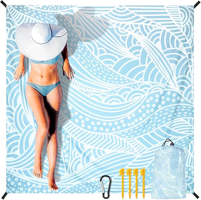 WIWIGO Beach Blanket Sandproof Extra Large Beach Mat Adults Waterproof Quick Drying Sand Free Mat Made by Premium Polyester with 4 Stakes & 4 Corner Pockets for Outdoor Travel Camping Hiking by WIWIGO