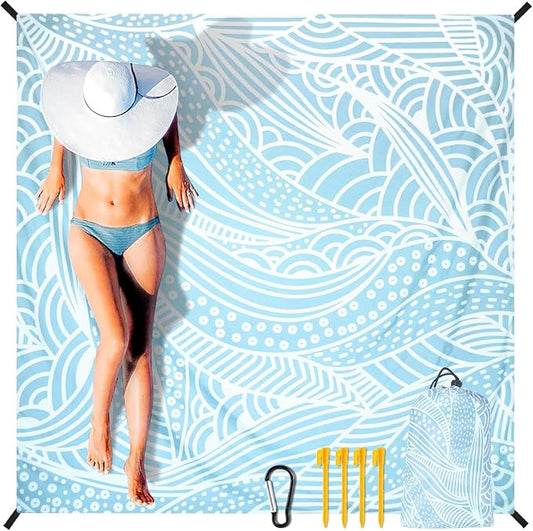 WIWIGO Beach Blanket Sandproof Extra Large Beach Mat Adults Waterproof Quick Drying Sand Free Mat Made by Premium Polyester with 4 Stakes & 4 Corner Pockets for Outdoor Travel Camping Hiking by WIWIGO