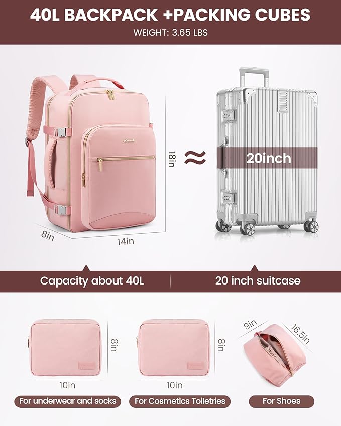 LOVEVOOK 40L Travel Backpack Flight Approved Carry on Backpack,3 Packing Cubes,Waterproof Personal Item Travel Bag,TSA Carry on Luggage Suitcase Travel Essentials,Gifts for Women & Men,fits 17" Laptop - Image 5