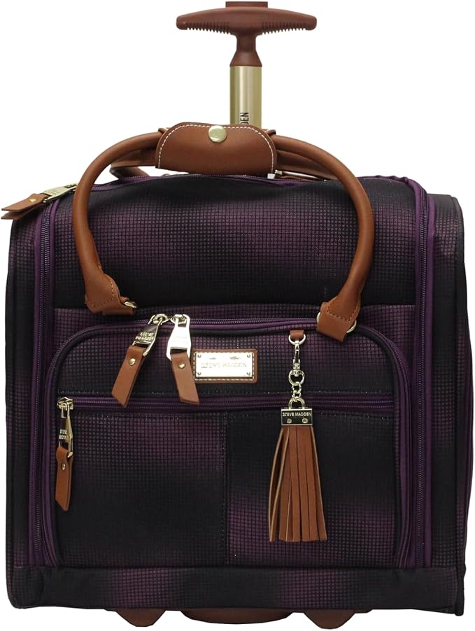 Steve Madden Designer 15 Inch Carry on Suitcase- Small Weekender Overnight Business Travel Luggage- Lightweight 2- Rolling Spinner Wheels Under Seat Bag for Women (Shadow Purple) by STEVEMADDEN