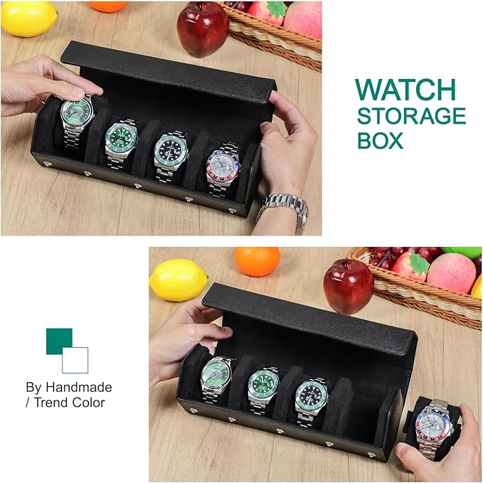 Hiram Genuine Leather Saffiano Leather Watch Roll Travel Case, Leather 4-Watches Roll Case for Treasured Watches and Bracelets(Black) - Image 5
