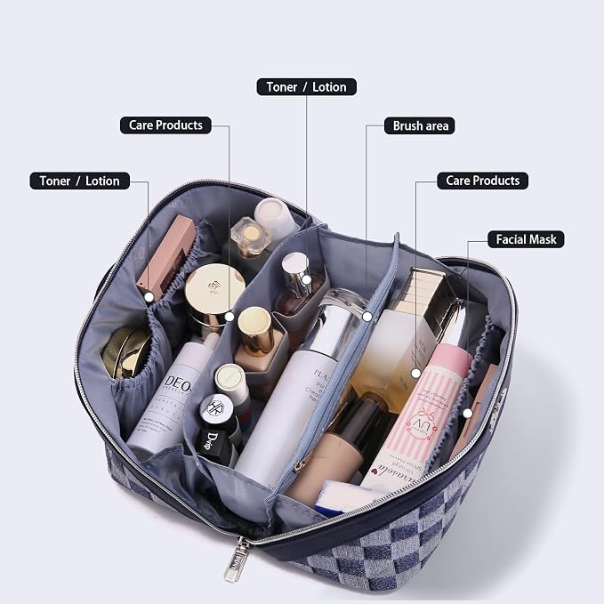 BOYATU Travel Makeup Bag for Women: Large Cosmetic Bag Set of 3 - PU Leather Make up Bag with Compartments - Compact Waterproof Toiletry Bag with Divider & Handle (D-5-Deep Blue) - Image 2