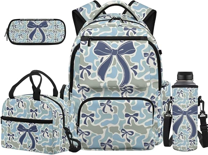 Camo Bow 17 Inch School Backpack Set for Kids, 4 Piece Lightweight Backpack with Lunch Bag, Pencil Case and Water Bottle Holder, 600D School Bag for Students by Unknown