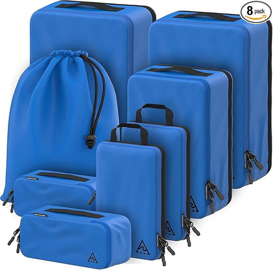 Well Traveled 8 pcs Compression Packing Bags Cubes Set with HybridMax Double-Capacity Design - Packing Cubes for Travel Compression to Maximize Limited Luggage Space, Blue by WellTraveled