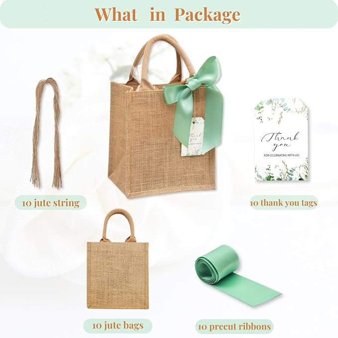 10 Pack Burlap Gift Bags for Wedding Welcome, Bachelorette, Beach, Bridesmaid - Small Bulk Reusable Jute tote with Sage Green Ribbons - Image 4