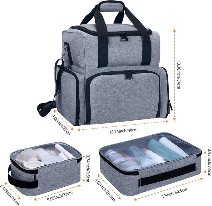 Large Makeup Bag Double Layer with 3 Removable Case,Grey | Large Makeup Bag with 3 Removable Case and 2 Removable Dividers Double Layer Travel Cosmetic Makeup Brushes Storage Section - Image 2