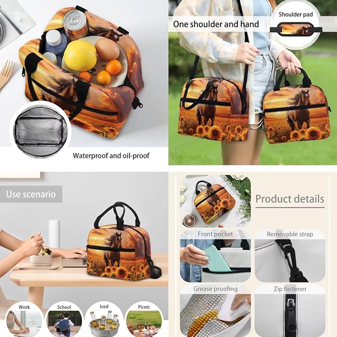 POLERO Sunflower Horse Backpack for Girls School Bookbag Set with Lunch Box Pencil Case Water Bottle Cover Bag Casual Daypack - Image 6