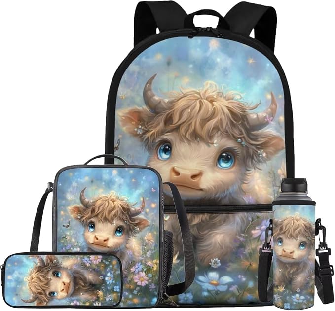 Cute Highland Cow Backpack for Girls Kids Backpack with Lunch Box Water Bottle Pouch and Large Capacity Pencil Case 4PCS Set Bookbag with Front Pocket 17" Lightweight Elementary School Bag by ELEDIZI