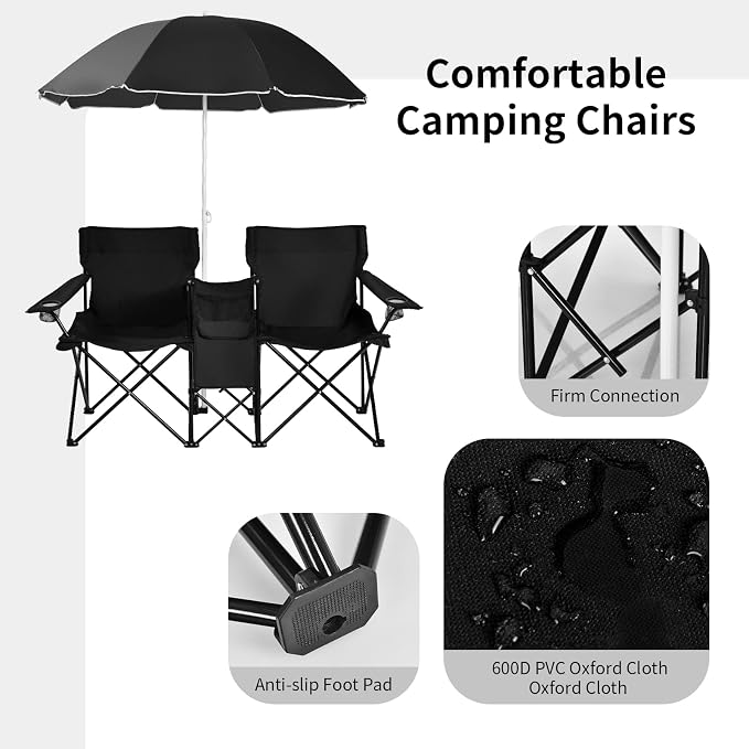 Goplus Double Camping Chair with Umbrella, Folding Loveseat Chairs w/Canopy Shade, Carrying Bag, Table, Cup Holder, Portable Beach Chairs Outdoor Picnic Patio (Black) - Image 4