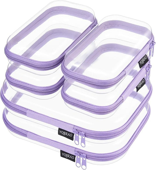 6 Pack Purple Clear Hard Shell Beauty Organizer (2M+4S), 1.2mm Heavy Duty Crush-Proof Cosmetic Case, Reinforced YKK Zippers, Stadium Approved Security Bag for Skincare & Electronics, Multi-Size Set by Unknown