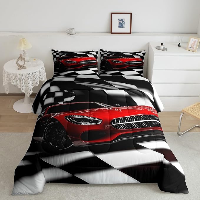 Erosebridal Teen Race Car Comforter Set For Boys King Size Extreme Sports Car Bedding Set,Black White Checkered Grid Comforter Retro Red Cool Vehicle Automobile Quilt Duvet 2 Pillow Cases - Image 2